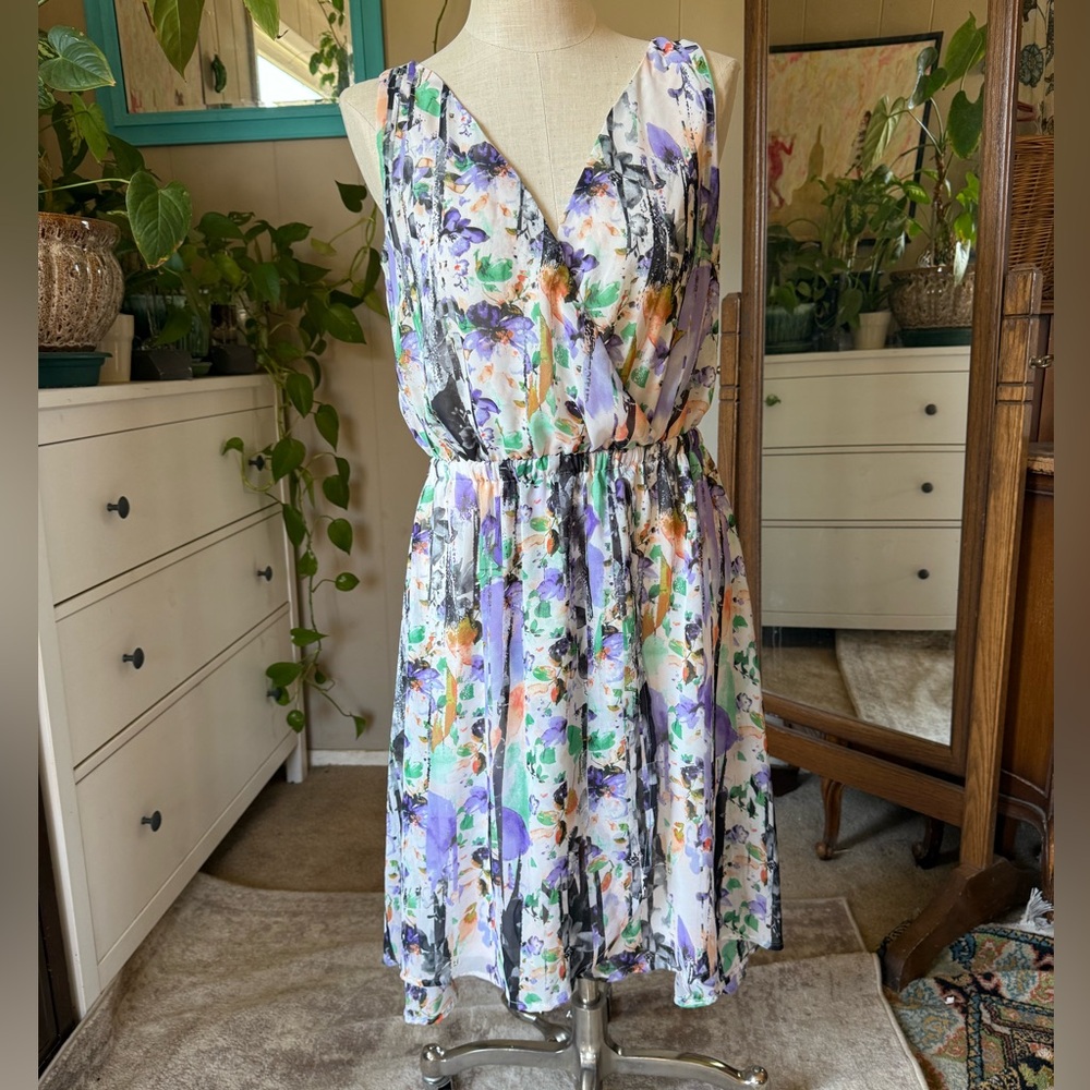 Robert Louis Dress Women's Large Purple Green Abstract Floral Print Casual